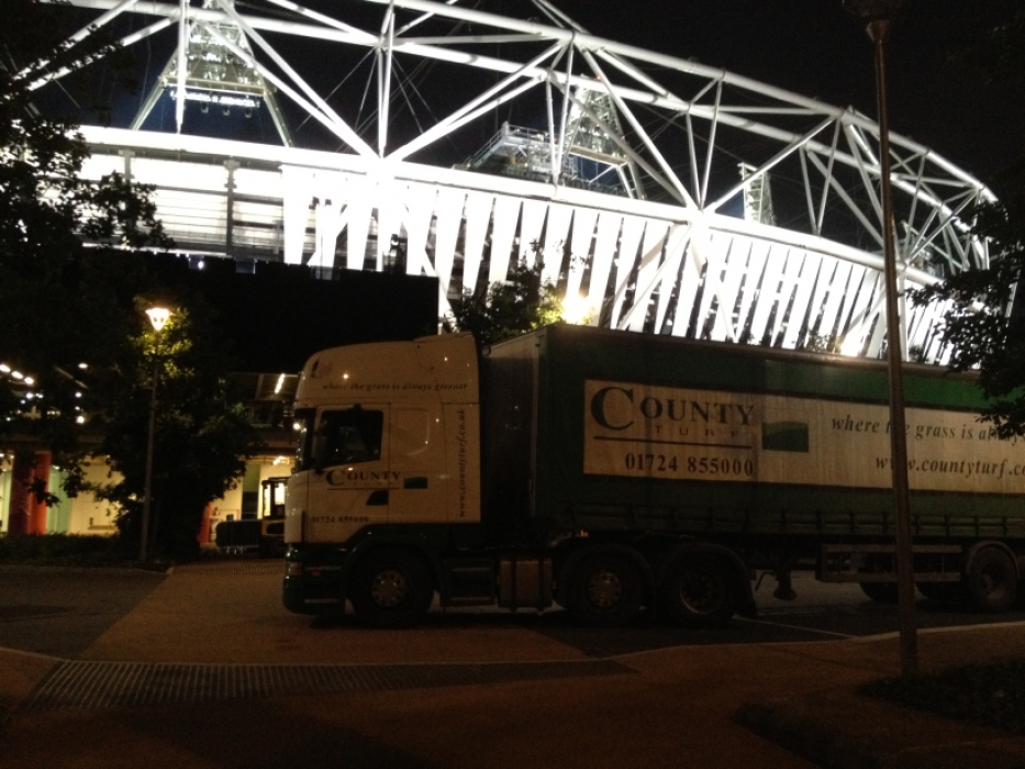 County Turf lorry outside the London 2012 Olympic Stadium