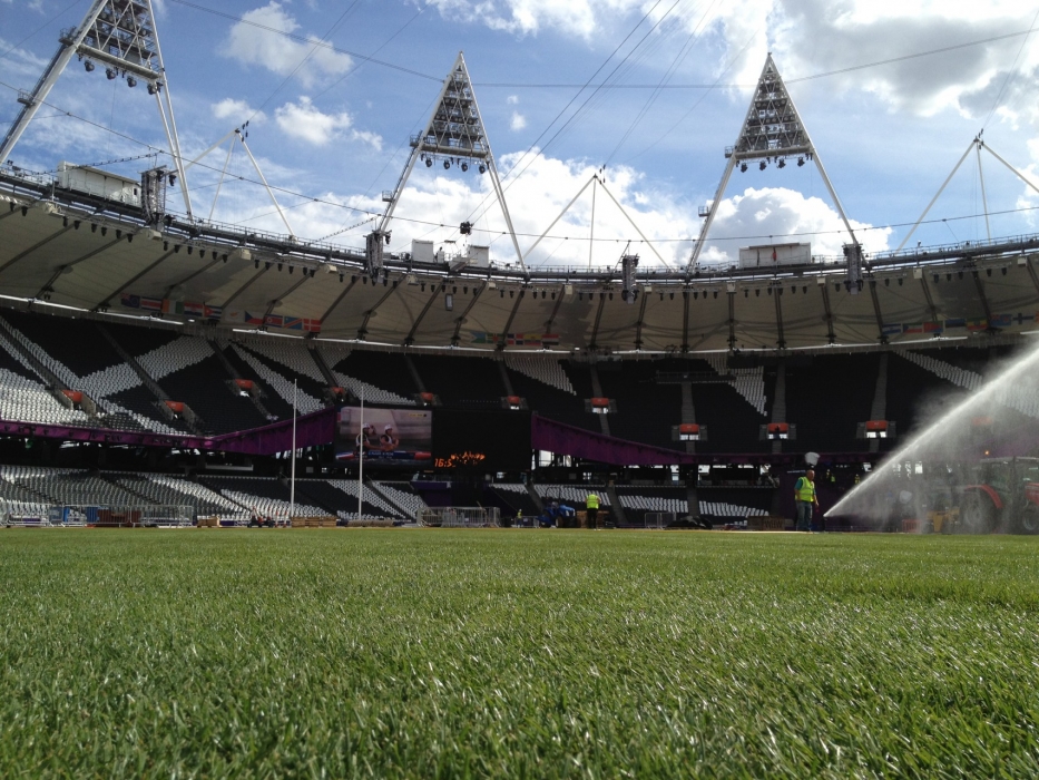 Watering the newly laid turf at the London Olympic Stadium